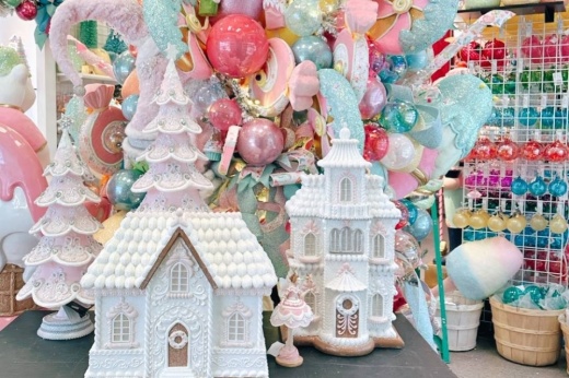 Christmas decorations in pastel hues.