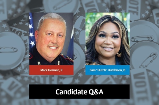 two headshots on a grey voting background