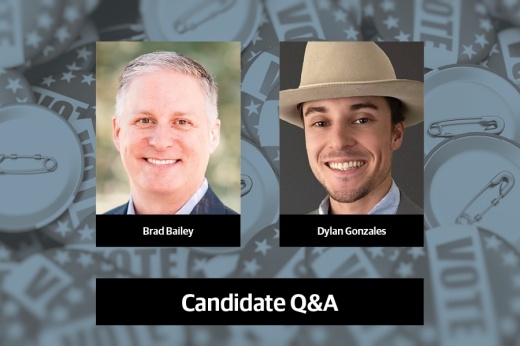 two headshots on a grey voting background