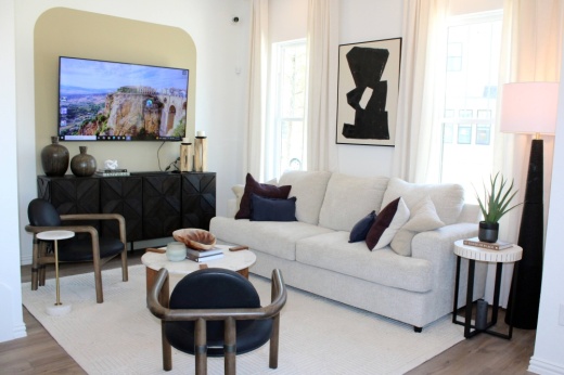 Living room with natural tone decor.