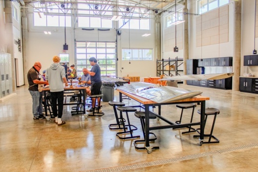 Students in Georgetown ISD's aerospace program construct pieces of a small plane. (Brooke Sjoberg/Community Impact)