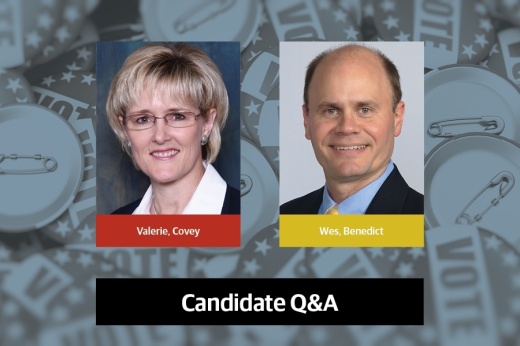 Graphic of Valerie Covey and Wes Benedict.