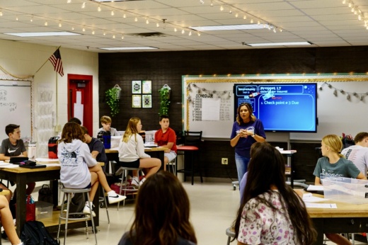 Kristi Therford teaches class at Argyle Middle School, where enrollment is increasing. To provide relief, AISD plans to open up a second middle school along FM 407 in 2026 and repurpose its current middle school campus back into a high school in 2027. (Courtesy Argyle ISD)