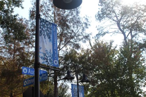 a flagpole surrounded by trees with the logo for the city of west university place