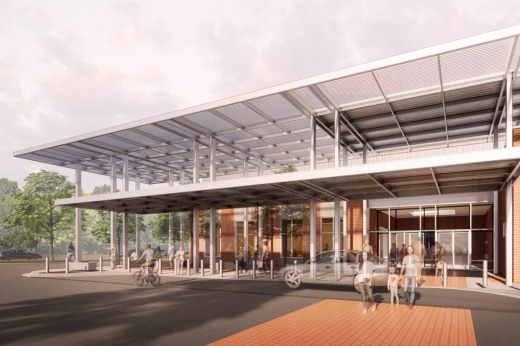 Central Health is currently renovating the old Sears department store building at the Hancock Center for its new headquarters and clinic. (Rendering courtesy Central Health)