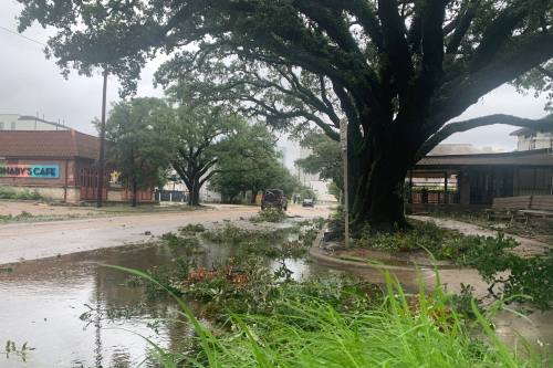 Stormwater sits on West Gray Street in Montrose in the aftermath of Hurricane Beryl in July. (Shawn Arrajj/Community Impact)