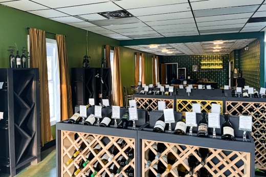 wine bottles in a shelf