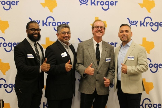 (From left) Human resources professional Rashad Decker, District Manager Chris Rodriguez, Store Leader Jeff Bailey and Division Vice President of Operation Jesse Avilar helped celebrate the grand re-opening of the Heights Kroger. (Asia Armour/Community Impact)