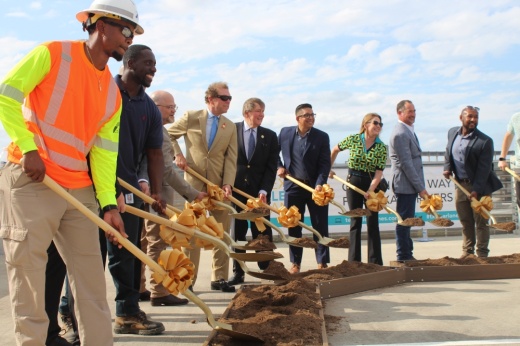 Transportation officials celebrate a groundbreaking and milestone in the I-35 Capital Express Central project Oct. 30. (Haley McLeod/Community Impact)