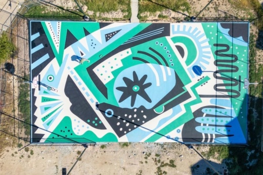 4ATX funded an on-court mural installation designed by Emily Eisenhart at the new Pflugerville multi-sport court. (Courtesy city of Pflugerville)
