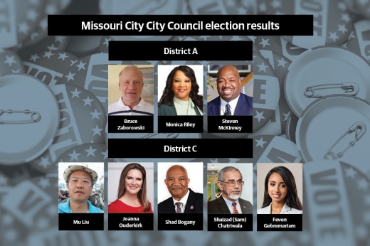 Three candidates battled for the Missouri City City Council District A seat, including incumbent Monica Riley, while five candidates competed to replace Anthony Maroulis in District C. (Graphic by Taylor White/Community Impact)