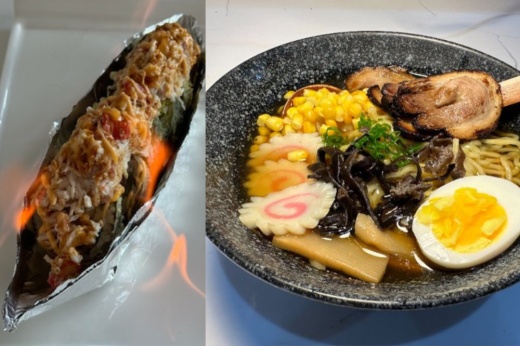 A sushi roll is shown with flames, and a bowl of ramen with various toppings.