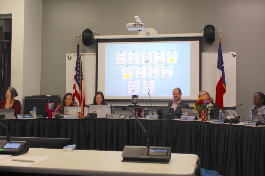 The Leander ISD board of trustees watch a presentation on the academic calendar