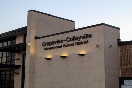 Grapevine-Colleyville ISD sign pictured above the entrance to the district administration building.