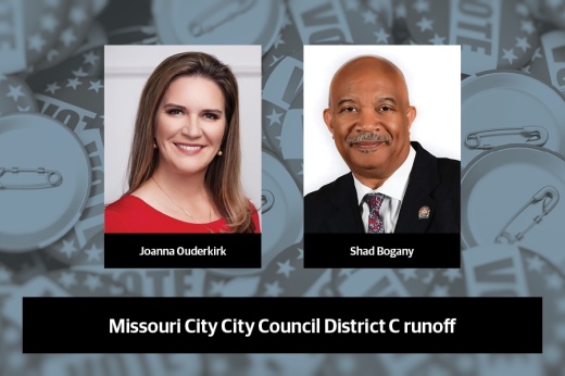 The Missouri City City Council District C race will head to a runoff election Dec. 14 between Joanna Ouderkirk and Shad Bogany. (Graphic by Taylor White/Community Impact)