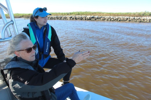 Kelly Burks-Copes (left), project manager for the U.S. Army Corps of Engineers, and Sarah Purdon (right), Coastal Texas Project manager for the Texas General Land Office, survey the area where Ecosystem Restoration feature G-28 will be built. The improvements are the first portion of the Coastal Texas Project to be funded. (Rachel Leland/Community Impact)