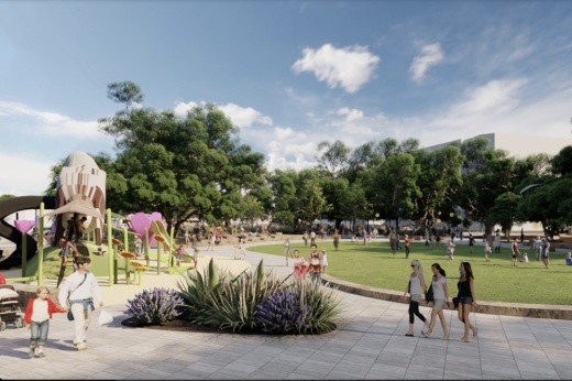 The backyard portion of the Bell District includes the playground located outside the Cedar Park Public Library and an event lawn, which will host a variety of programs. (Rendering courtesy RedLeaf)