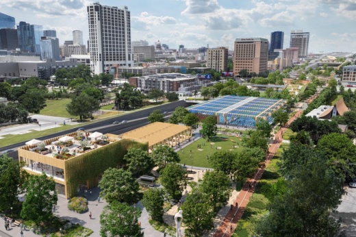 City officials have plans thus far to build a public amenity space covering I-35 in central Austin, running from Cesar Chavez to Fourth Street. (Rendering courtesy city of Austin Transportation and Public Works Department)