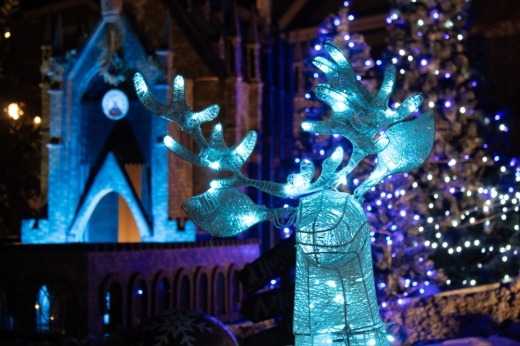 Visitors will spot various Harry Potter references throughout the yard at the Diagon Alley ATX light display, including a stag lit with blue lights. (Elisabeth Jimenez/Community Impact)