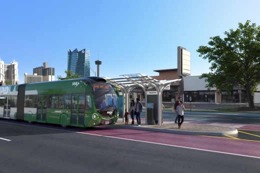 A rendering of the proposed ART Green Line that will link the San Antonio International Airport to the Brooks Area and downtown San Antonio along San Pedro Avenue. (Courtesy VIA Transit)