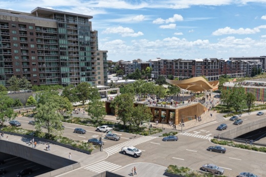 Amenities could be brought to 11th and 12th street through the cap and stitch initiative, a plan to create public spaces over I-35. (Rendering courtesy Austin Transportation and Public Works Department)