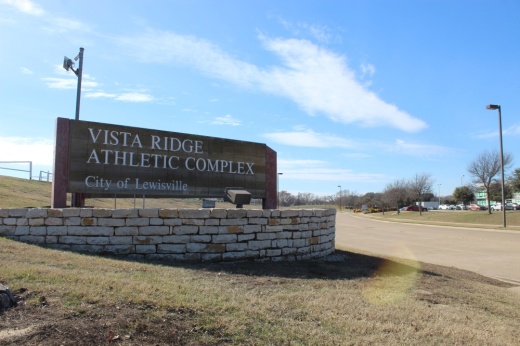 Image of a sign showing the entrance to Lewisville's Vista Ridge Athletic Complex.