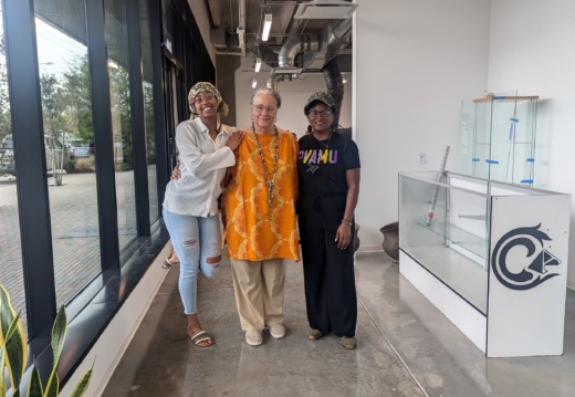 Exhibitions Coordinator Tamirah Collins, Executive Director Michelle Barnes and Assistant Executive Director April M. Frazier pose at the new space in the Ion District. (Courtesy The Community Artists’ Collective)