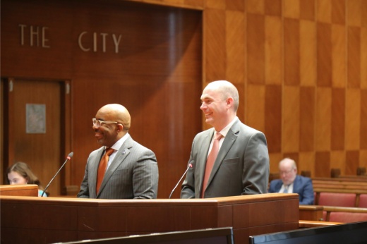City engineer Oluwole "O.J." McFoy and Houston Public Works director Randall Macchi speaks in front of city council on Jan. 29. (Courtesy Houston Public Works)