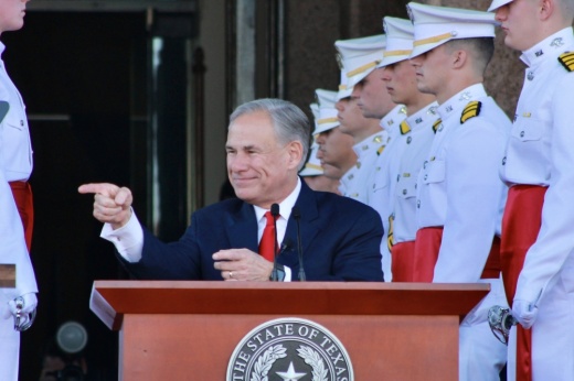 Gov. Greg Abbott points at an audience member during his third inauguration ceremony Jan. 17, 2023.