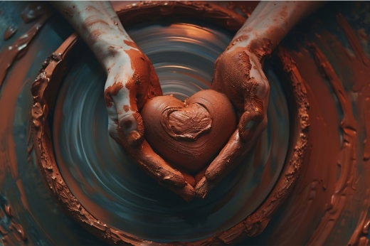 A pair of hands are shown shaping a heart with clay.