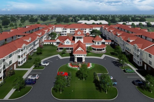 Rendering of condominiums featuring white facias and red roofs.