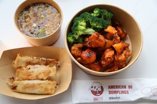 Potstickers, orange chicken and hot and sour soup served at 88 Dumpling House. (Courtesy 88 Dumpling House)