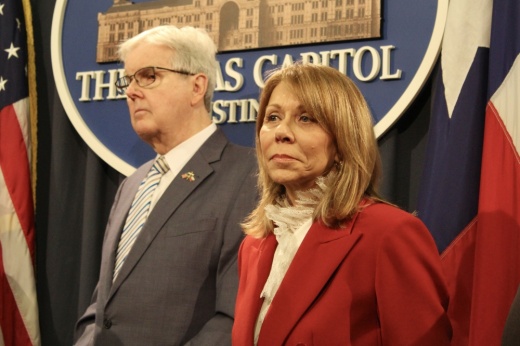 Sen. Joan Huffman, R-Houston, and Lt. Gov. Dan Patrick during a Feb. 12 news conference.
