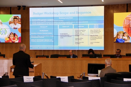 Houston ISD Superintendent Mike Miles gives board managers a high-level overview of the district's proposed budget for the 2025-26 school year during the board's Feb. 27 budget workshop. (Wesley Gardner/Community Impact)