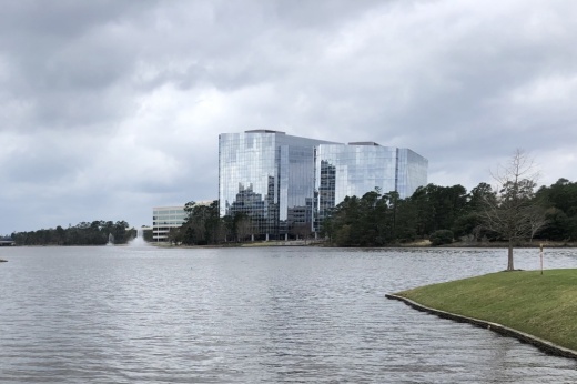 office buildings on a lake
