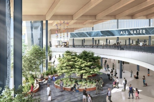 The new terminal's Welcoming Plaza will feature local vegetation and natural light. (Courtesy Corgan — Lake|Flato)