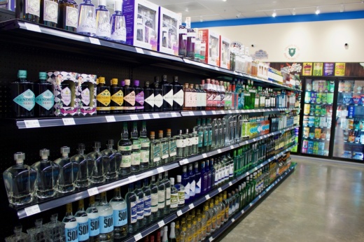 Shelves of liquor bottles