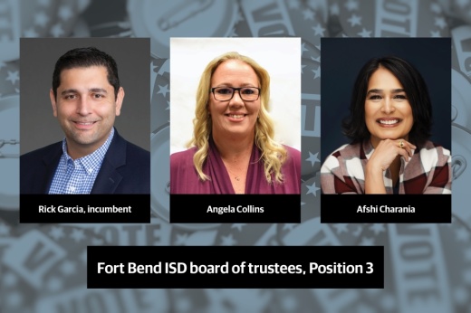 Candidates Angela Collins and Afshi Charania will face incumbent Rick Garcia for Position 3 on the Fort Bend ISD board of trustees in the May 3 election. (Community Impact)