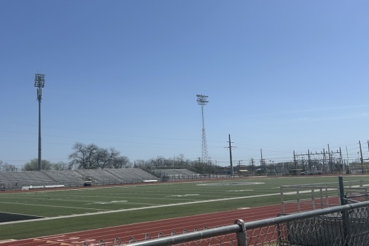 The football field of Lehnhoff Stadium in Schertz, Texas is shown on a sunny afternoon.