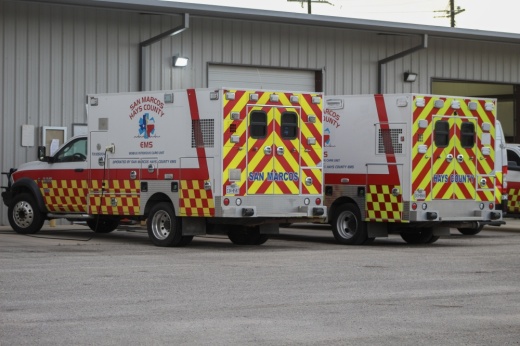ambulance trucks at San Marcos Hays County EMS headquarters