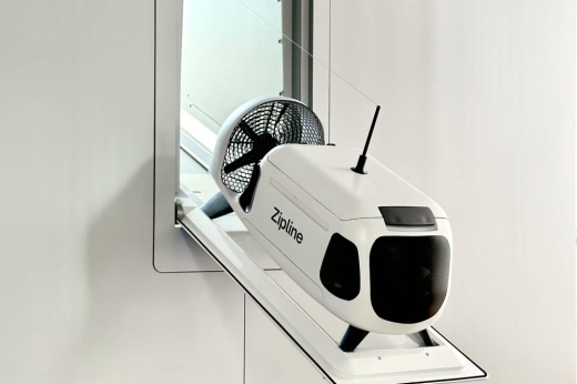 A drone from zipline in a loading dock