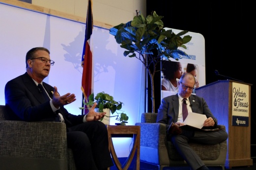 Sen. Charles Perry, at left, speaks with Bryan McMath during a Jan. 29 conference.