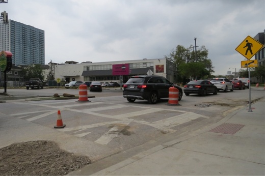 The raised crosswalk located in front of Katz's on Westheimer Road and Crocker Street in Montrose was installed back in 2023 but is being removed because it could disrupt traffic flow. (Kevin Vu/Community Impact)