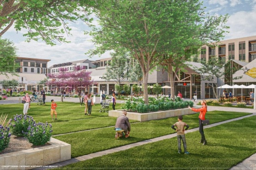 Rendering of a central lawn pictured with people there.