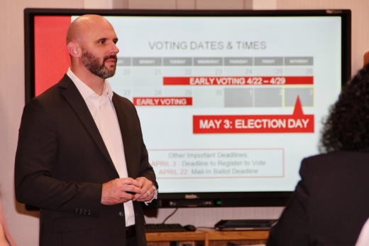Splendora ISD Superintendent Dustin Bromley addresses audience members during an April 2 town hall meeting highlighting the district's upcoming $150 million bond election. (Wesley Gardner/Community Impact)