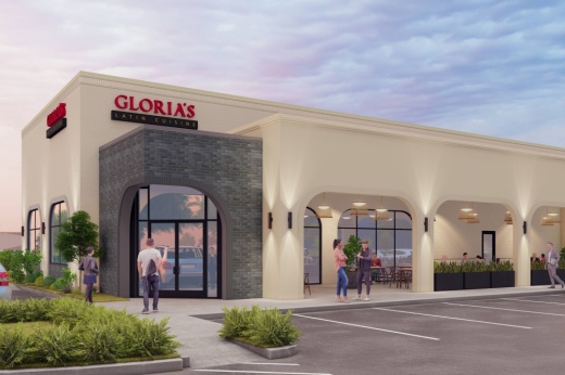 Architectural rendering of a building with Gloria's Latin Cuisine signage.