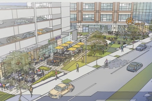 The proposed Lexington Commons development could bring three office buildings and two parking garages near Smart Financial Centre. The development would also host retail and restaurant spaces. (Courtesy Planned Community Developers)