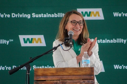 Domenica Farmer, WM Texas Oklahoma area vice president, speaks during the grand opening of its Mesquite Creek Recycling Facility on April 15. (Amira Van Leeuwen/Community Impact)