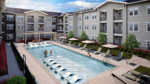 A rendering of a new apartment development in Schertz, Texas is shown.