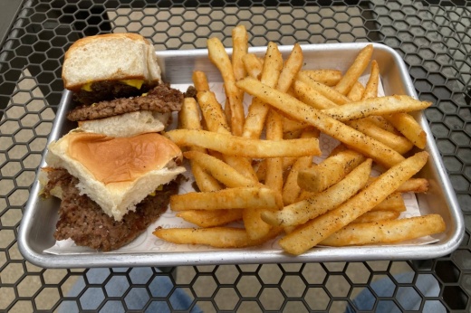 Two sliders and french fries on a plate.